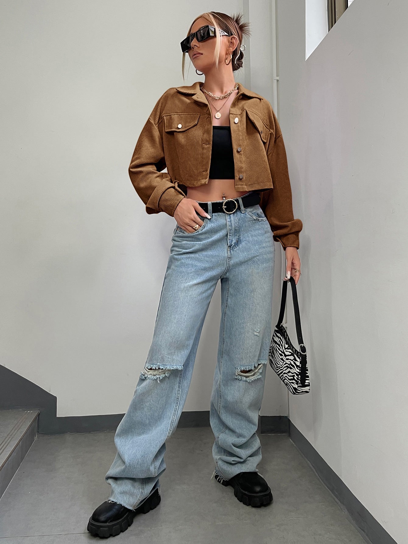 Jacke mit Drop Shoulder Klappe Detail, Crop Kord