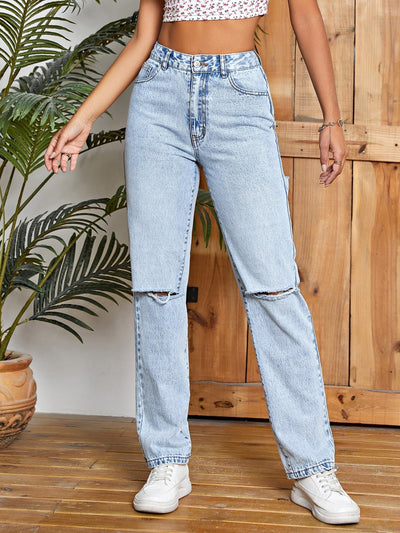 Jeans mit geradem Beinschnitt, Ausschnitt, Riss,