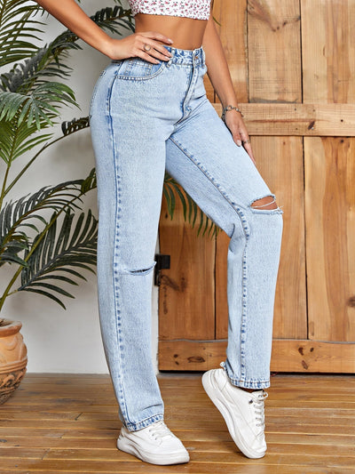 Jeans mit geradem Beinschnitt, Ausschnitt, Riss,